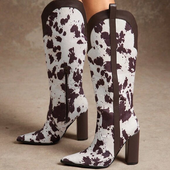 Multicolor Casual Women's Block Heel Snip Toe Cow Print Tall Western Boots - Picture 4 of 7